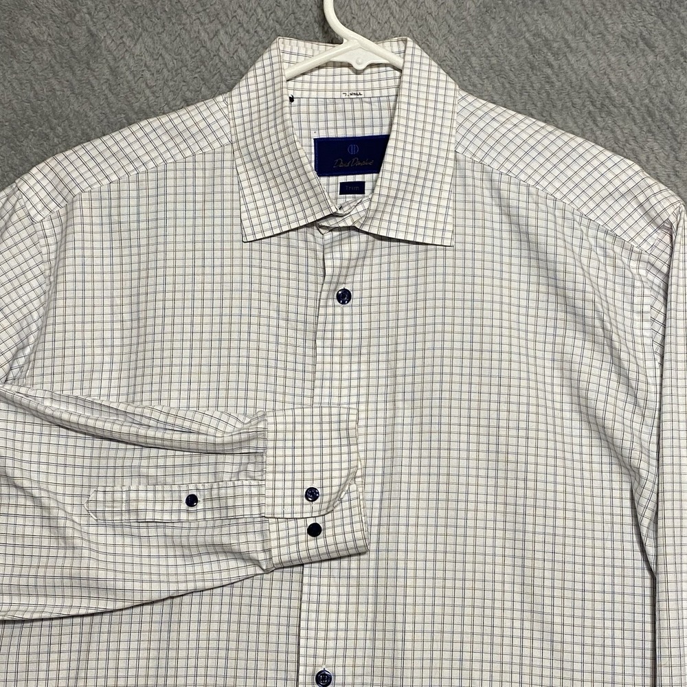 David Donahue Dress Shirt Mens 16.5/34 Blue Graph Check Trim Fit Button Up